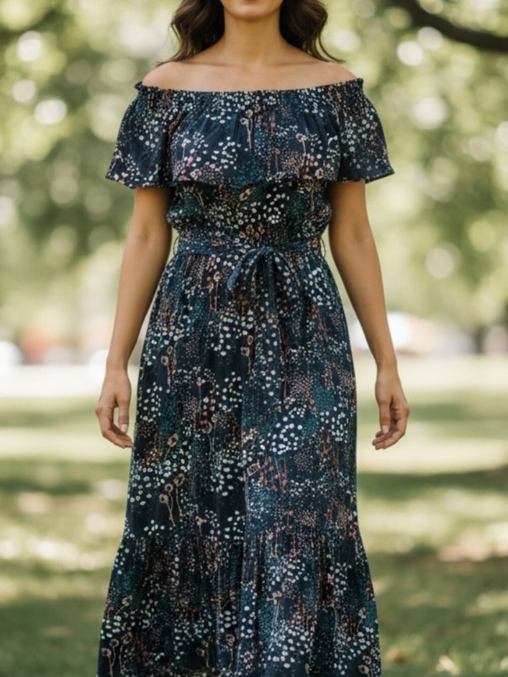 Margaux Riviera Navy Blue Floral Off the Shoulder Tie Front Midi Dress size 2X